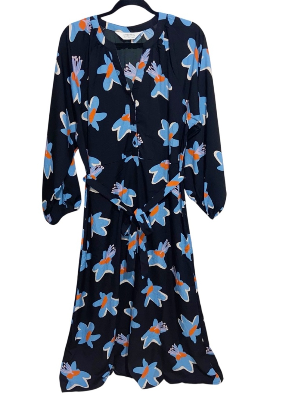 Compania Fantastica Dress Womens XL Midi Shirtdress Black Blue Floral Belted